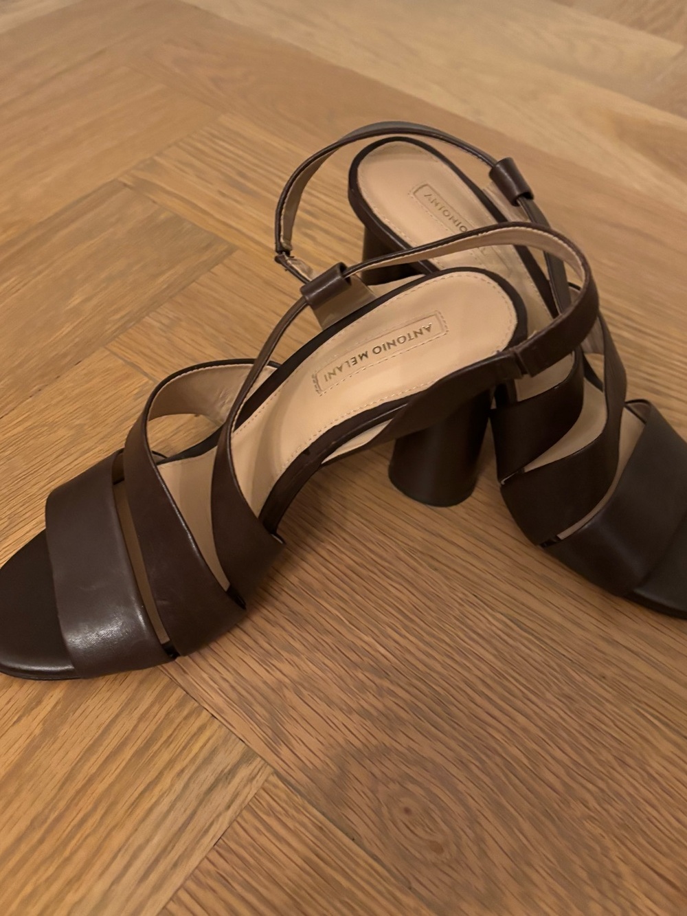 ANTONIO MELANI Layren Dark Brown Leather Strappy Block Heel Sandals